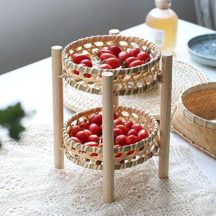 零食架子置物架客厅高颜值点心筐竹篮展示架双层水果盘竹编制品簸