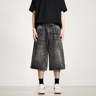 KISKO设计感夏季水洗闪电纹牛仔短裤美式高街宽松直筒六分裤男潮