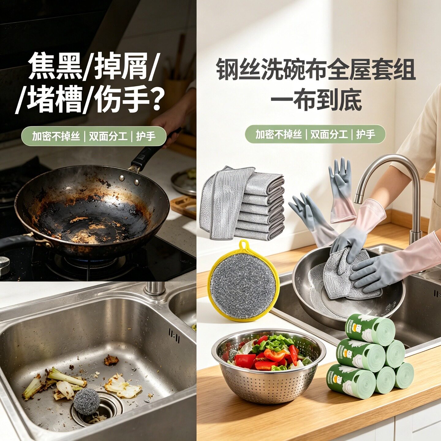 洗碗布钢丝不沾油不掉丝刷锅抹布厨房清洁套装家用洗碗手套过滤网