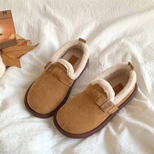 一脚蹬保暖面包棉鞋 平底毛毛鞋 女学生2024秋冬新款 复古加绒勃肯鞋