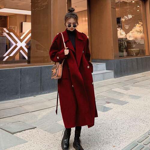 Women Winter Double Breasted Midi Pea Coat Notch Lapel