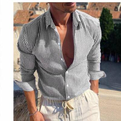Men Casual Striped Sleeve Collared Button Front Shirt