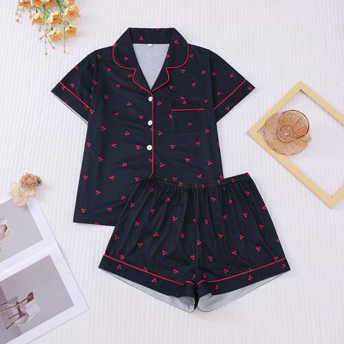 Women Cherry Print Crop Shirt Elastic Waist Shorts Pyjama