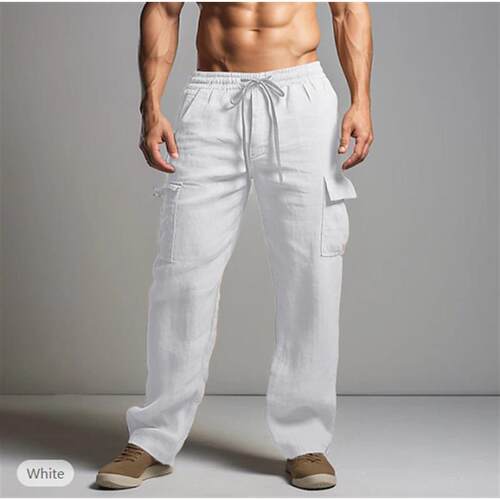 Men Linen Straight Leg Pants Drawstring Waist Multi Pocket