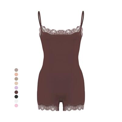 Women Slim Color Spaghetti Strap Lace Trim Seamless