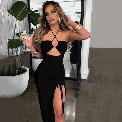 Women Plain Split Thigh Drawstring Ruched Cami Bodycon Dress
