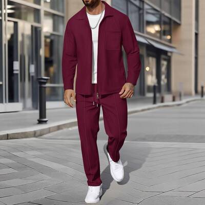 Men Casual Fitted Plain Jacket Set Sleeve Pants Workwear