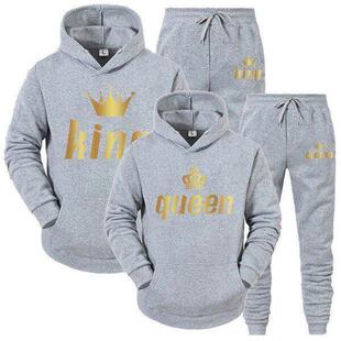 Set Casual Pants Couples King And Queen Crown Print Hoodie