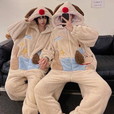 Matching Couple Coral Fleece Sleeve Pajama Onesies Autumn