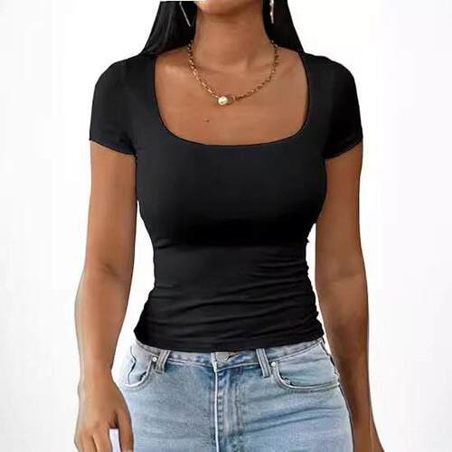 Black Square Neck Sleeve Crop Sexy Slim Stretchy Tee Body