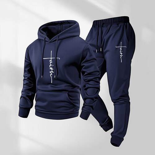 Mens Pants Set Casual Faith Patterned Hoodie And Drawstring