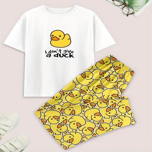 Women Casual Duck Print Pajama Set Sleeve Lapel Elastic