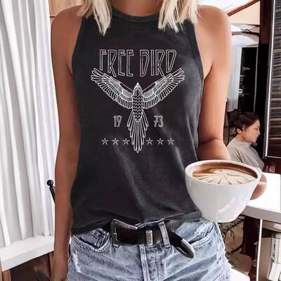 Women's Vintage Bird Print Round Neck Fitted Tank Top,