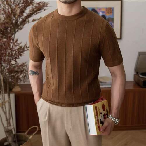 Mens Casual Beige Long Sleeve Knit Sweater Shirt Soft