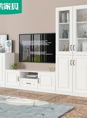 简欧电视柜现代简约小户型客厅高低储物柜书柜一体组合柜边柜6D12