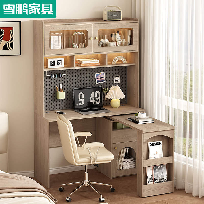 原木风可旋转书桌书柜一体