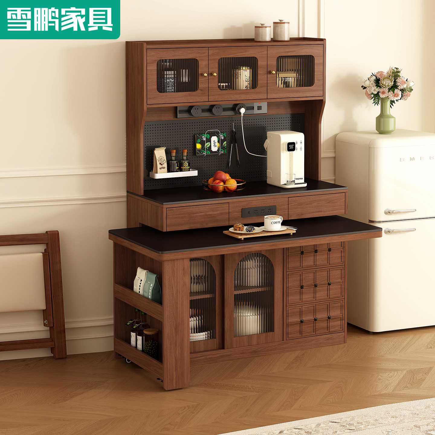 实木新型餐边柜旋转餐桌储物柜