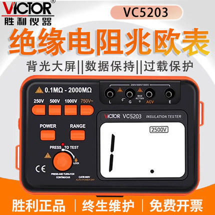 胜利VC5203高压绝缘电阻测试仪1000V数字兆欧表智能电工绝缘摇表
