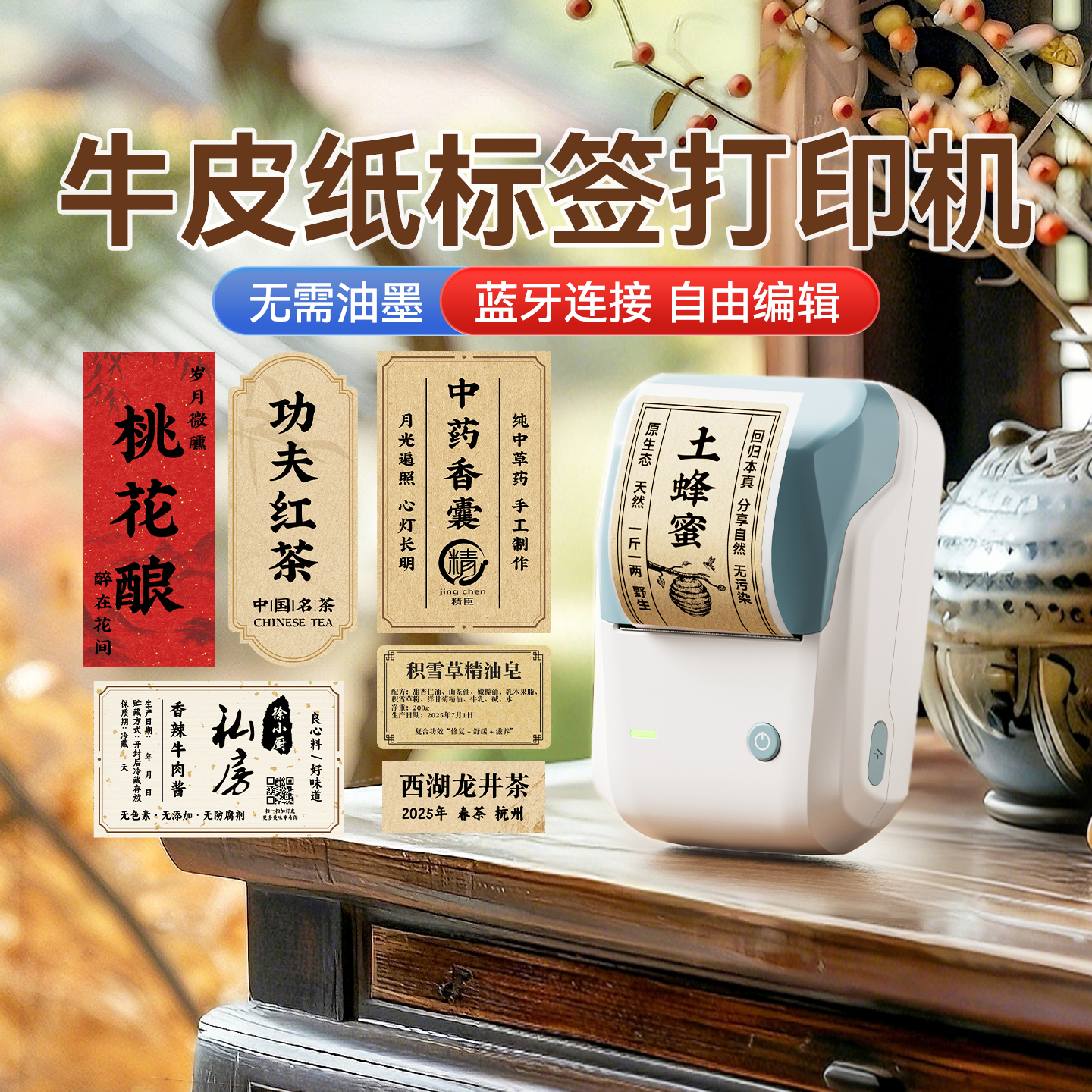 精臣B1牛皮纸标签打印机农产品茶叶封口贴纸纯手工制作食品土特产蜂蜜辣酱瓶罐头酒类线香二维码茶叶logo复古