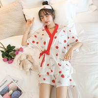 Đồ ngủ nữ Nhật Bản cotton mùa hè dễ thương phiên bản Hàn Quốc của bộ đồ hai mảnh kimono mỏng có thể ra ngoài phục vụ tại nhà bình thường - Bộ Pajama pijama