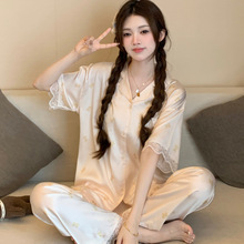 冰丝睡衣女款2025新款夏季网红可爱风小熊卡通短袖长裤家居服套装