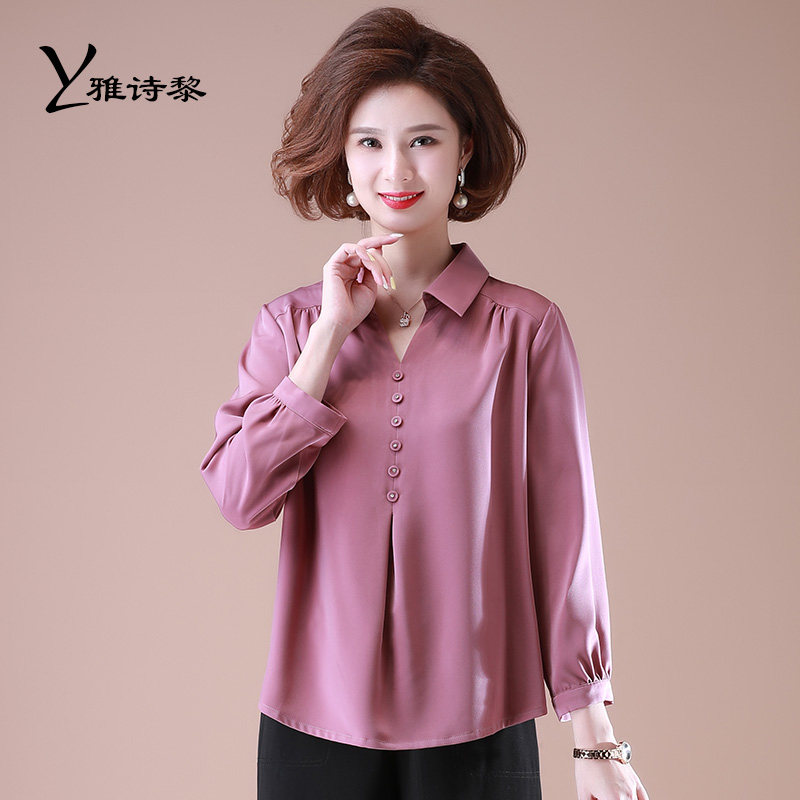中年中老年女装妈妈秋装外套薄款上衣真丝衬衣洋气春秋装长袖衬衫