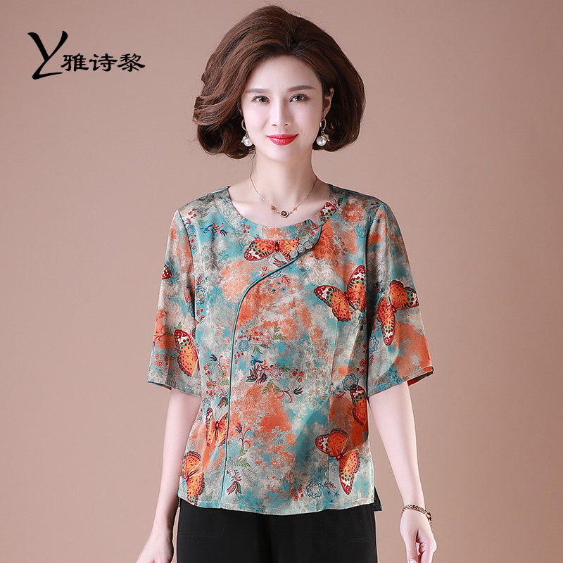 中老年女装妈妈夏装短袖t恤奶奶上衣中袖气质国风唐装老年人衣服