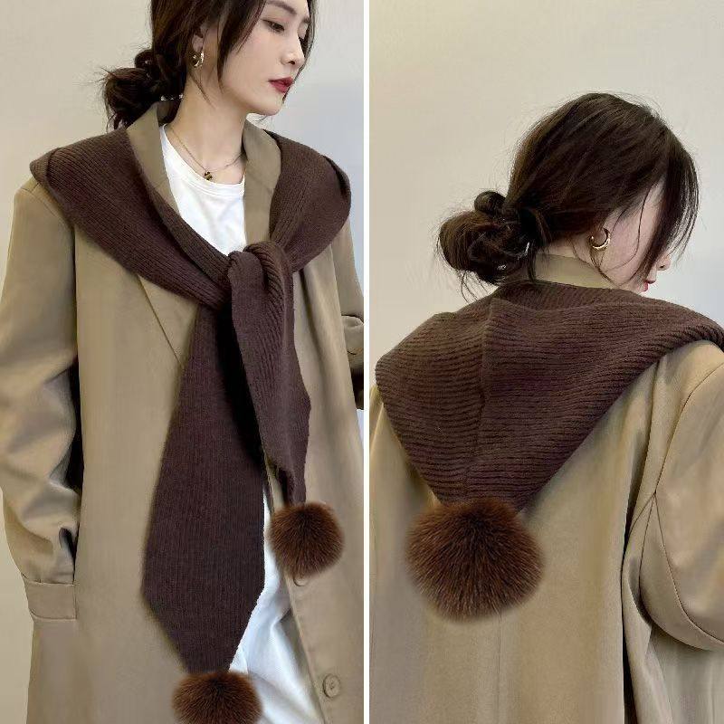 连帽围巾披肩带帽子一体帽子围巾保暖狐狸毛球时尚披肩针织披肩外,服饰配件/皮带/帽子/围巾,防晒披肩,淘宝优惠券,粉丝福利购,淘宝优惠卷