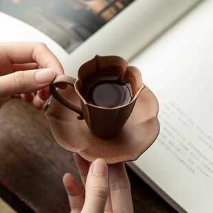 特别主人杯粗陶老岩泥茶杯中式家用复古带把手主人杯半手工功夫茶