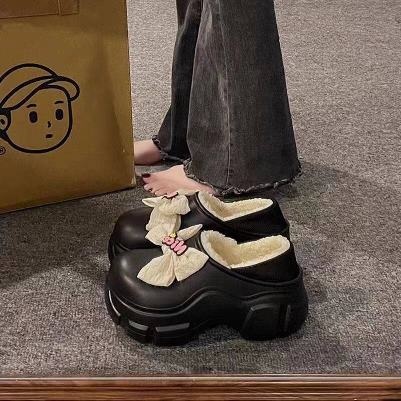 婚纱专用增高鞋仙女风松糕厚底棉鞋女冬季防水外穿可爱蝴蝶结包跟