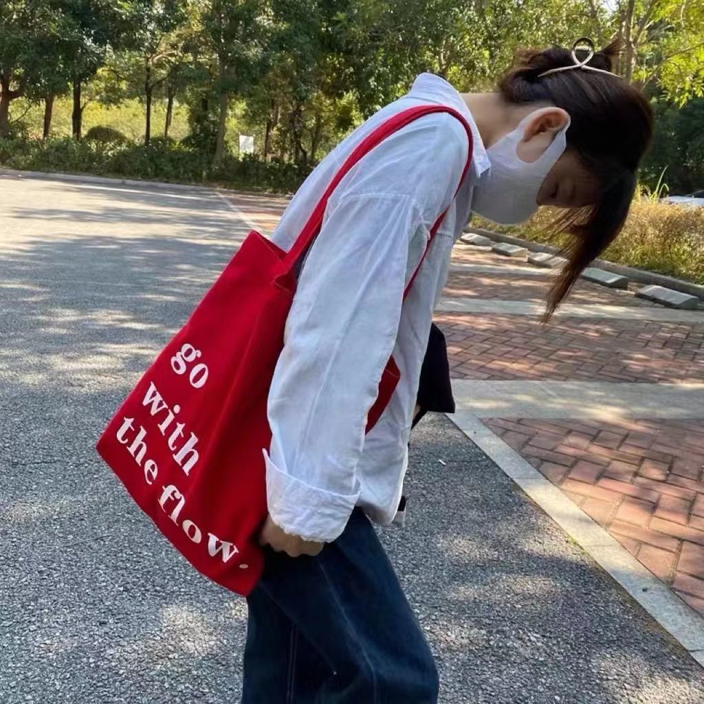 红色帆布包带拉链韩版ins