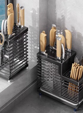 不锈钢厨房置物架台面刀架菜刀筷子篓一体壁挂多功能刀具收纳架子