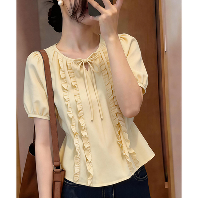 有货实拍2026夏季新款木耳边拼接短袖衬衫女上衣夏季小衫