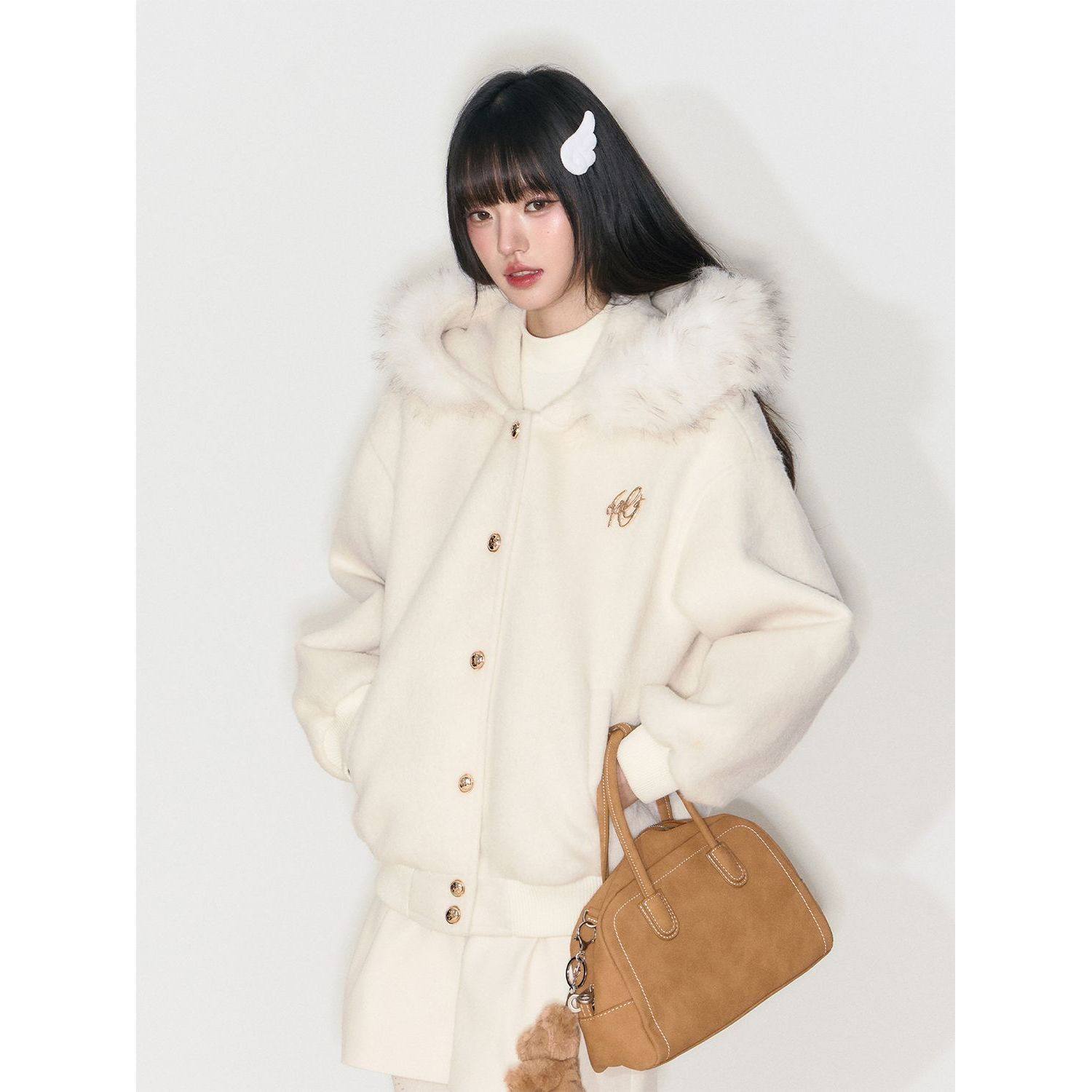 浪漫碎冰 冬季高级慵懒感毛呢连帽外套保暖毛领宽松休闲毛衣开衫