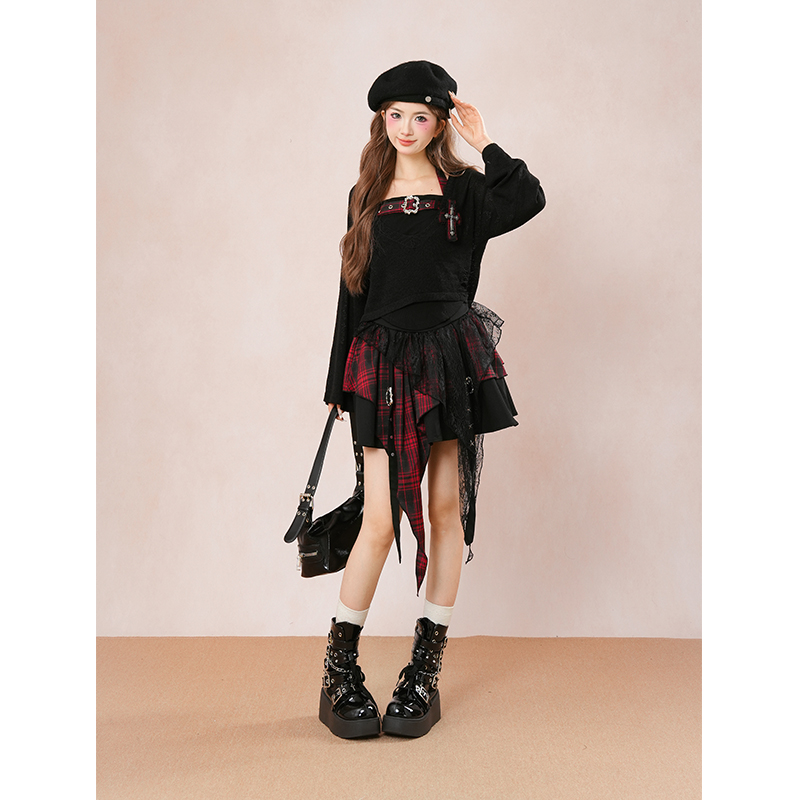 暗夜霓虹 挂脖设计感格纹拼接蛋糕裙显瘦罩衫不规则半裙三件套女