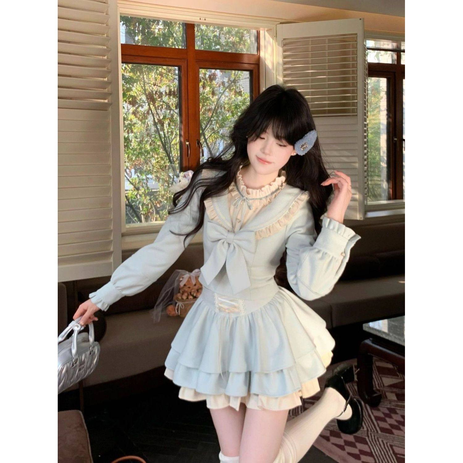 甜美奶蓝色蝴蝶结娃娃领上衣+蛋糕裙套装女冬季新款收腰显瘦套装