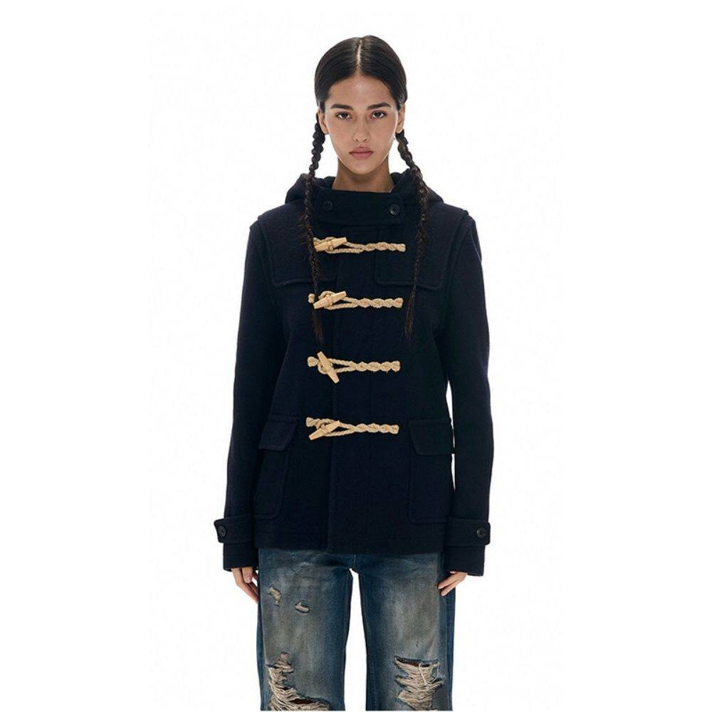 【休闲学院】2025秋冬新款牛角扣大衣高级复古时尚小众连帽外套女