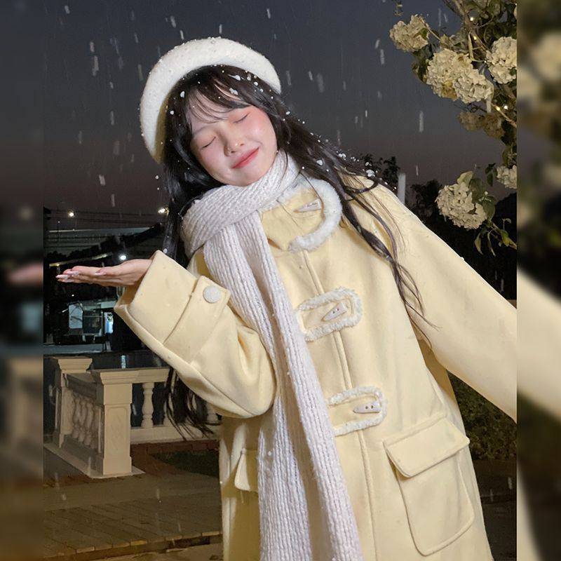 温柔奶黄毛呢外套女2025冬季新款减龄牛角扣中长款学院风呢子大衣,女装/女士精品,毛呢外套,淘宝优惠券,粉丝福利购,淘宝优惠卷