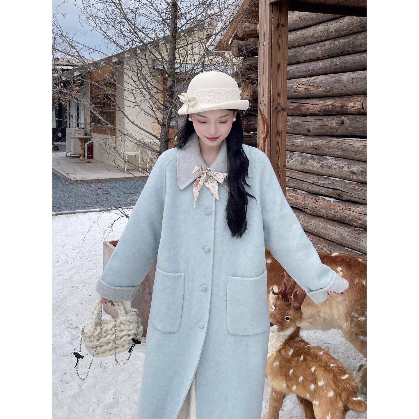 韩系气质拼接冰雪蓝中长款呢子大衣女25秋冬新款宽松显瘦保暖外套
