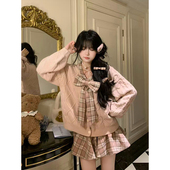 2025秋冬新款 女 学院风甜美减龄粉色蝴蝶结毛衣 格子压褶短裙套装