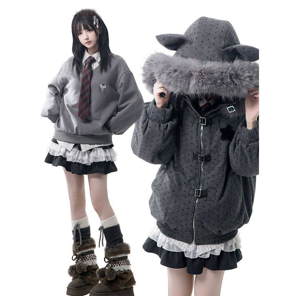 【银钉雾灰】冬季新品波点棉服外套+假两件卫衣+拼接短裙三件套装