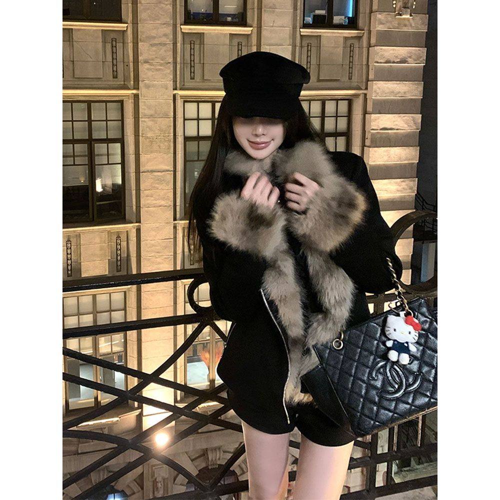 【蒂安娜小姐】黑色皮毛一体机车服外套女2024年冬季新款减龄外套