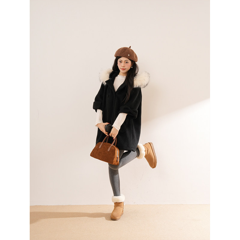 日系中古昭和少女感连帽毛领大衣设计感小众宽松中长款呢子外套女