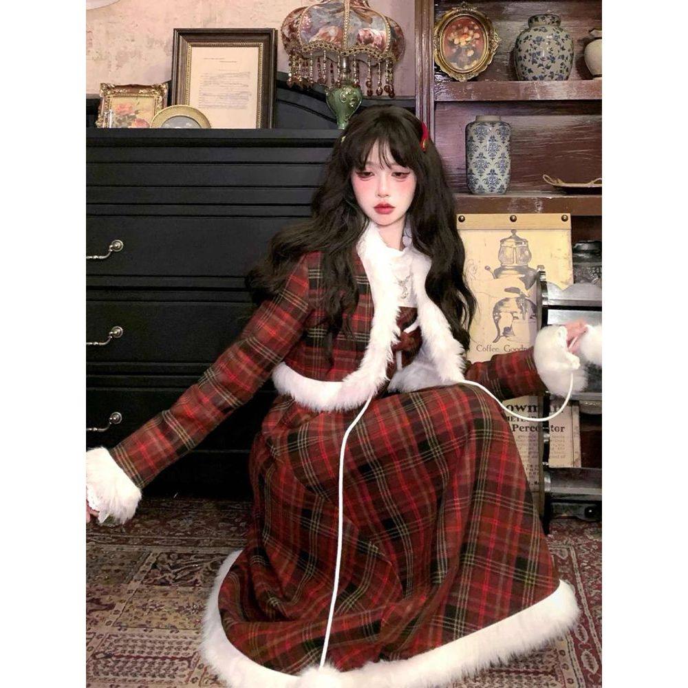 红格氛围感连衣裙夹棉外套打底衫毛呢套装韩版万圣节设计感三件套