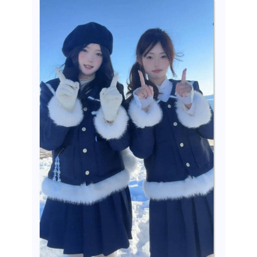 韩系高级感毛毛拼色外套秋冬千金风加厚小香风上衣开衫百褶裙套装