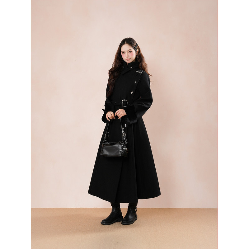 【破势出击】2025年冬季新款哥特气质绑带收腰显瘦中长款毛呢外套