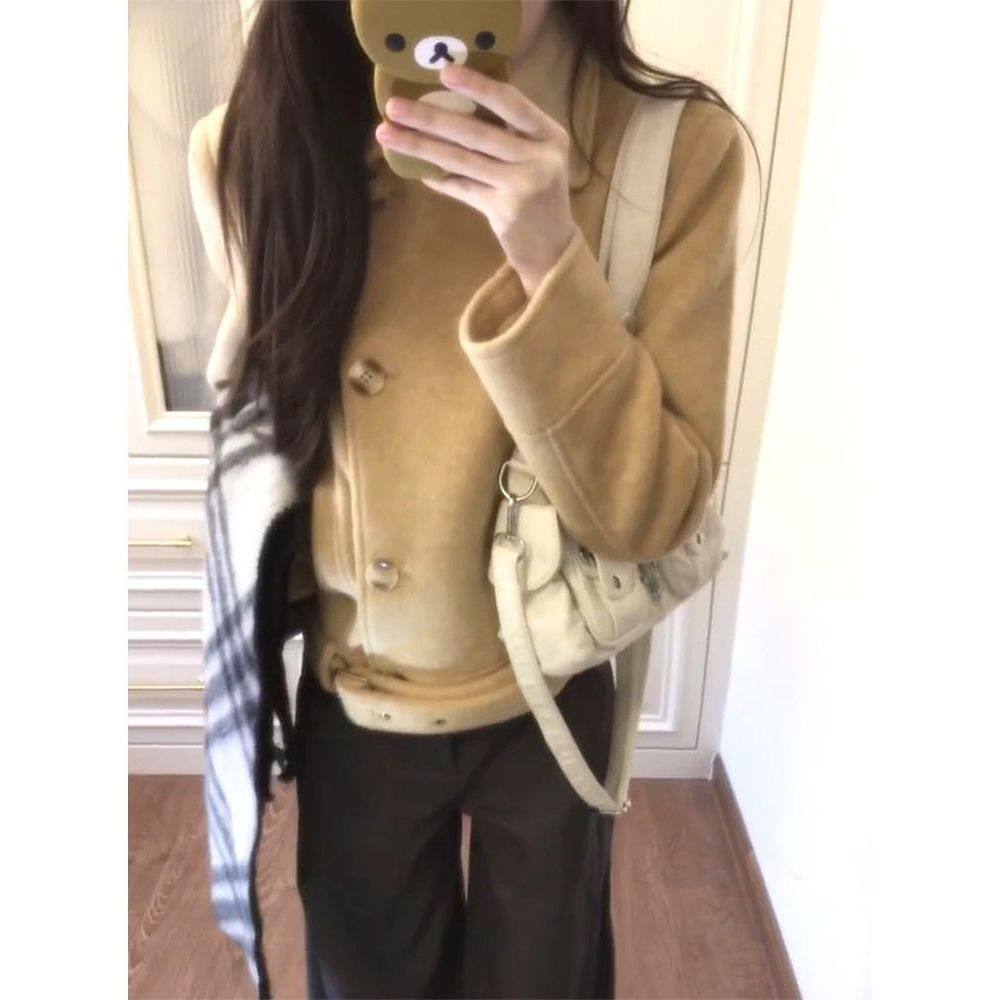 翻领双排扣毛呢大衣气质简约静奢感腰带设计短款外套小个子外套