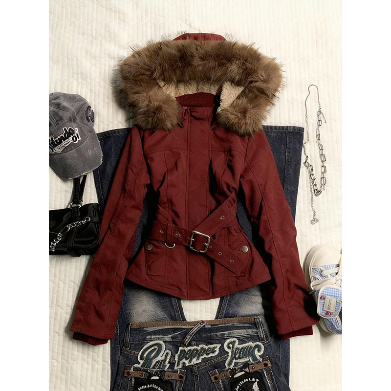 复古红色vintage毛领连帽外套女秋冬季新款设计感小众派克服上衣