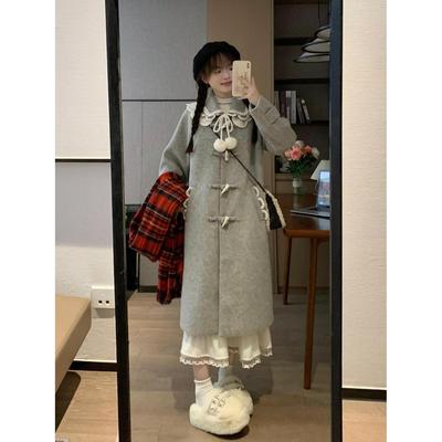 2025新款花边领设计加厚中长款夹棉灰色呢大衣百搭毛呢外套大衣女