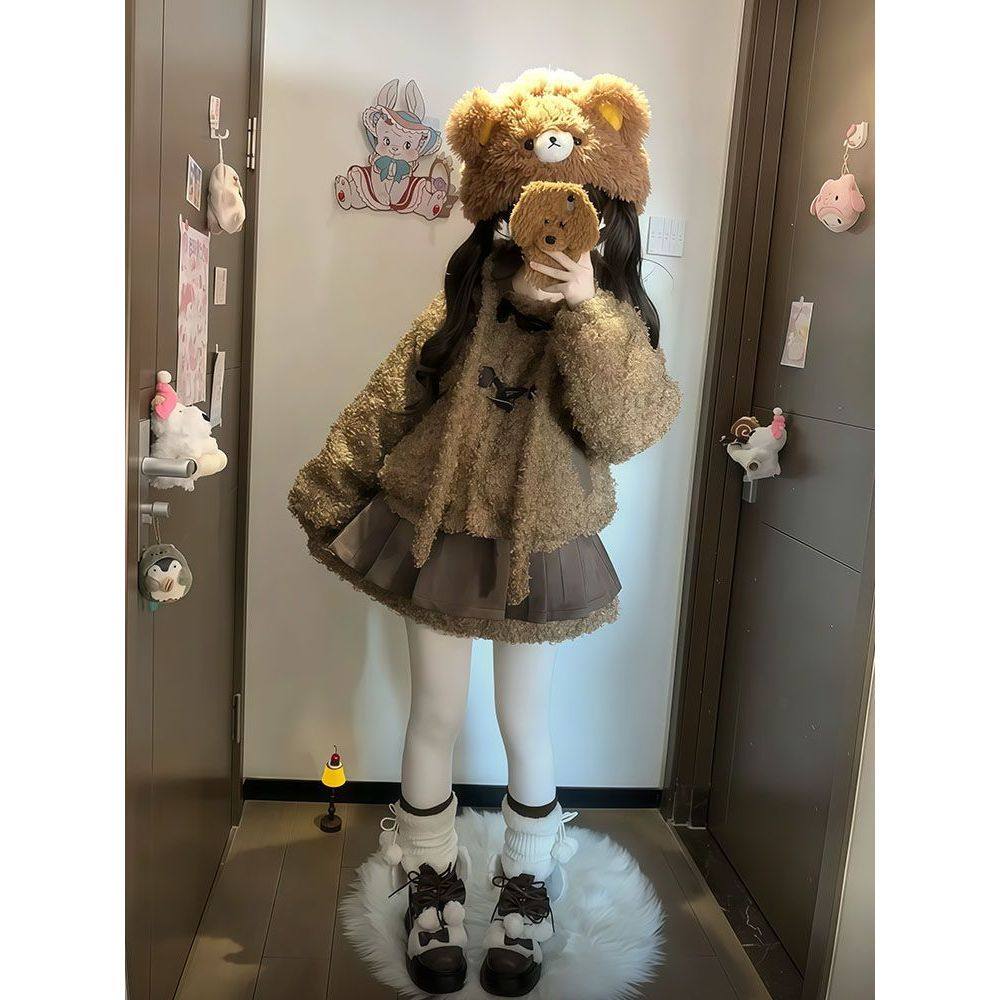 【奶萌小熊】小个子可爱甜美软萌布丁熊外套+百褶半裙两件套装女,女装/女士精品,时尚套装,淘宝优惠券,粉丝福利购,淘宝优惠卷